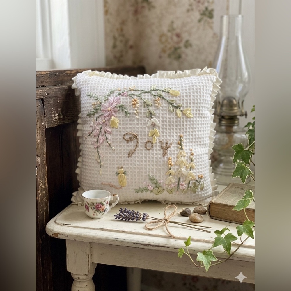Vintage Silk Ribbon Embroidery “Joy” Accent Pillow Waffle Weave Ruffle Trim Cat